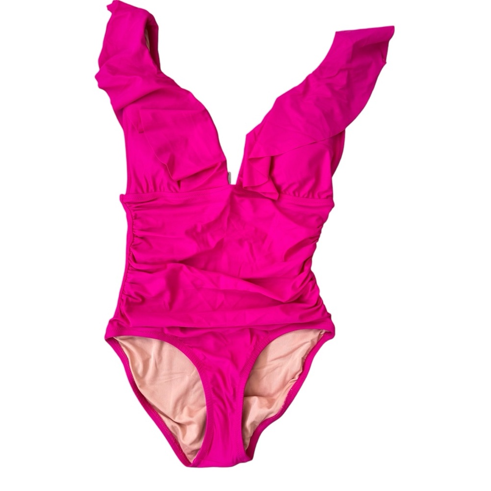 J Crew Ruched One Piece Swimsuit Fuchia Padded V Neck Size 8 Padded Plunge